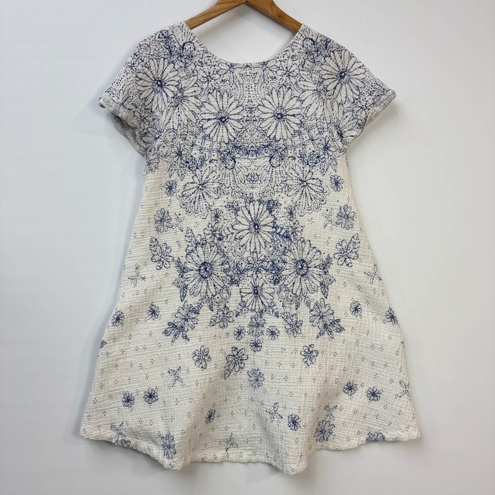Free People Pinwheel Mini Dress Women M White Blue Floral Open Back Swing - Picture 3 of 15